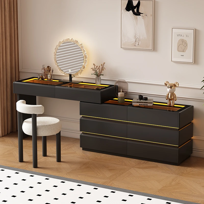 （双12抢先购）ENF级智能梳妆台黑色化妆桌可伸缩床尾柜六斗柜