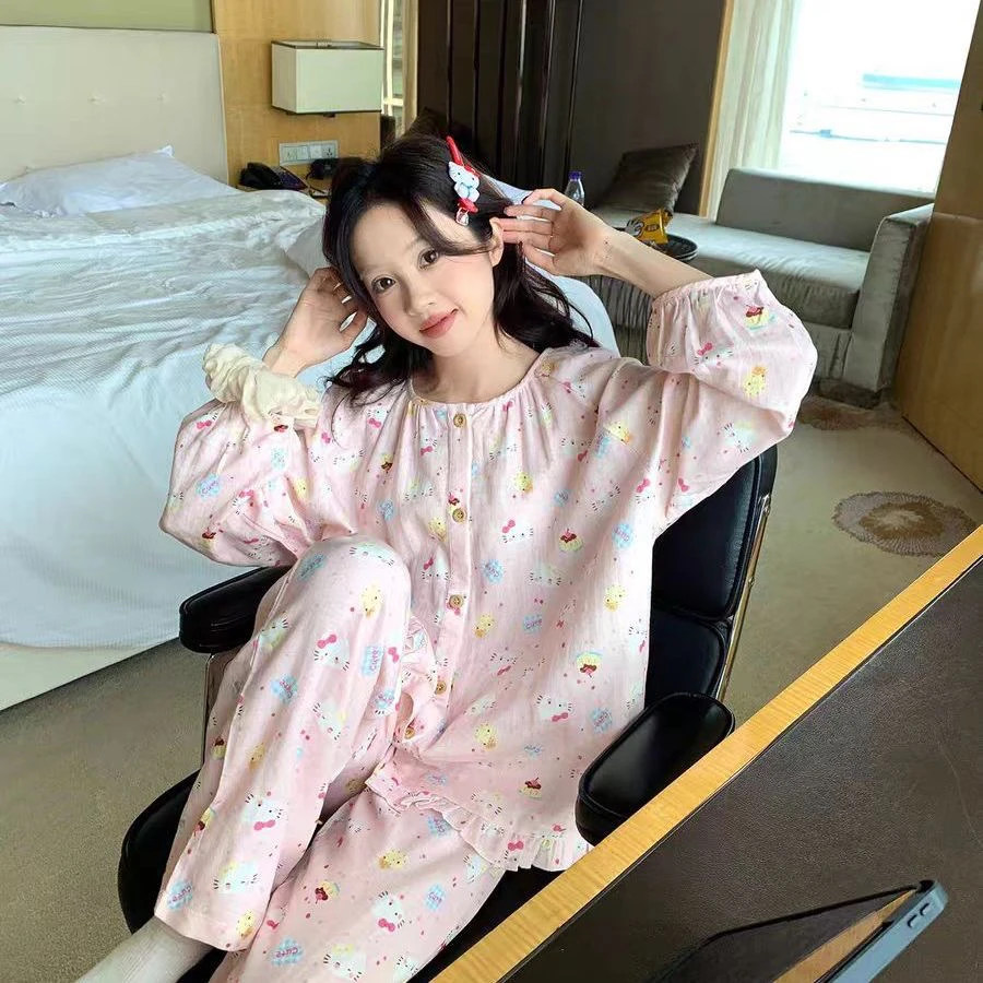 睡衣女春秋季甜美卡通可爱猫咪印花长袖长裤圆领可外穿家居服套装