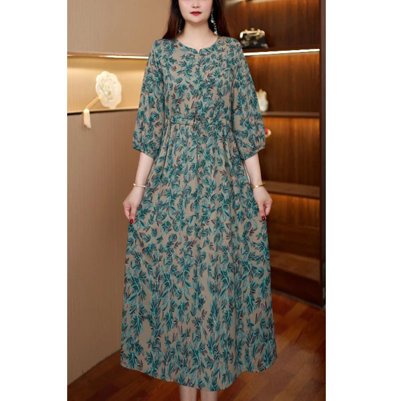 [半圆领孔雀翎]新款百搭显瘦连衣裙女中长款500