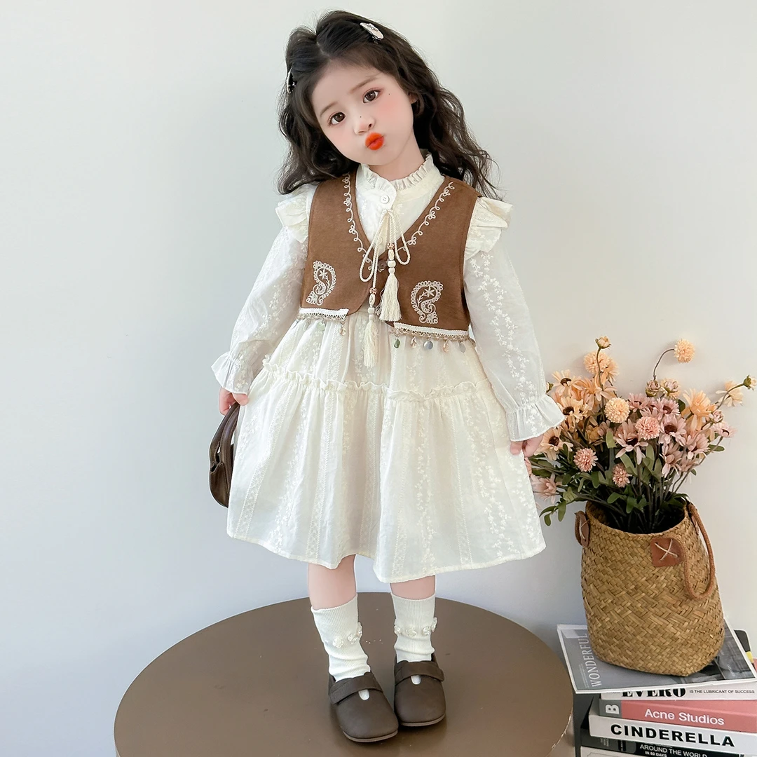 女童度假风连衣裙2025春秋新款儿童时髦秋装女宝宝马甲裙子两件套