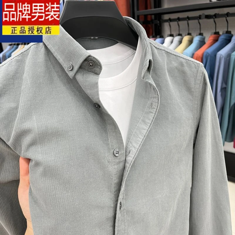 啄木鸟棉灯芯绒长袖衬衫男士色秋季时尚休闲棉男装衬衣上衣服