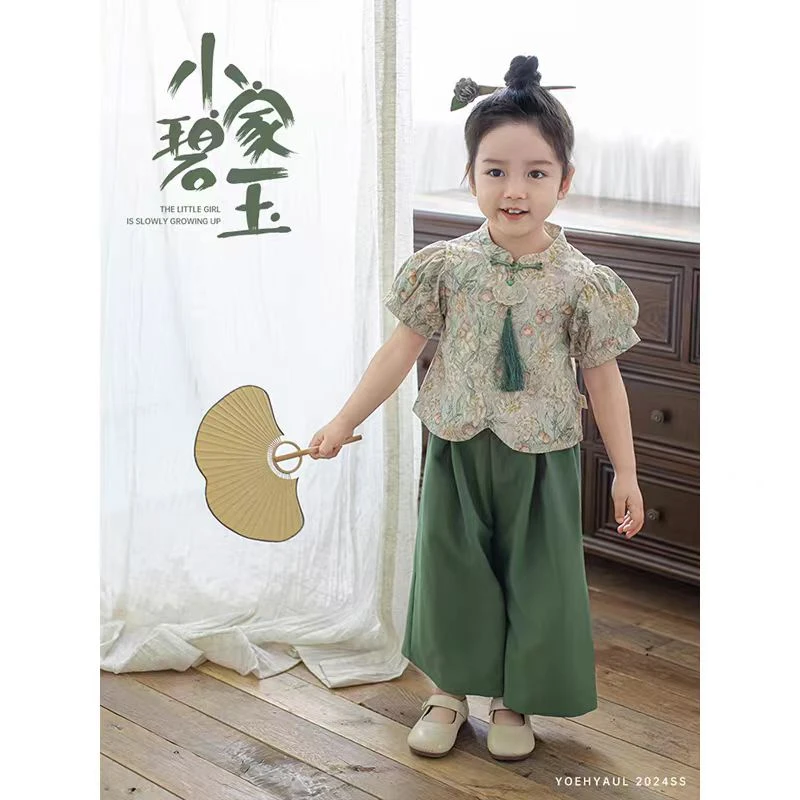现货SC148女童夏季2025新中式国风短袖上衣套装