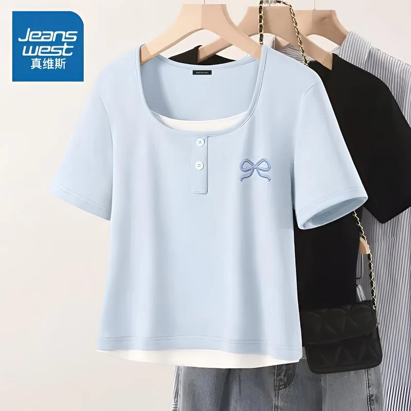 真维斯正肩t恤女2025新款夏季收腰领假两件体恤小个子印花短袖