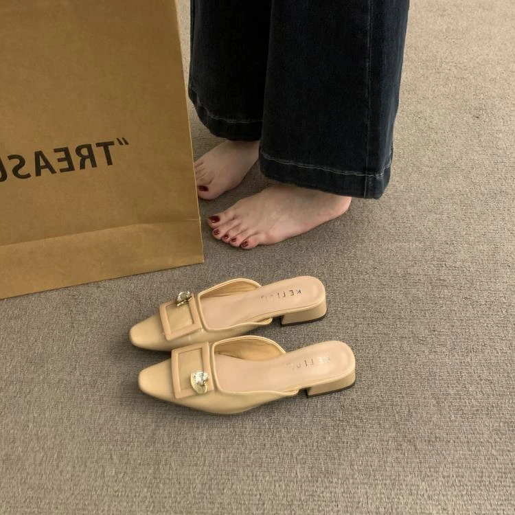 方头粗跟包头半拖鞋女夏外穿2025新款时尚中跟高跟浅口单鞋凉拖鞋