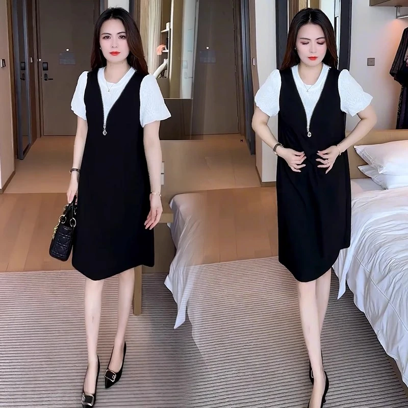 时尚连衣裙女2025夏季新款洋气减龄宽松显瘦拼接假两件中长款裙子