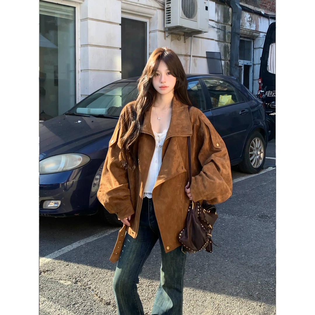 美拉德复古咖色麂皮机车夹克外套女2025秋季新款工装机车服上衣