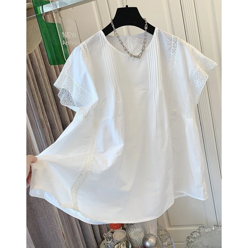 00095时尚独特法式气质蕾丝褶皱白色短袖衬衫娃娃衫宽松上衣女夏