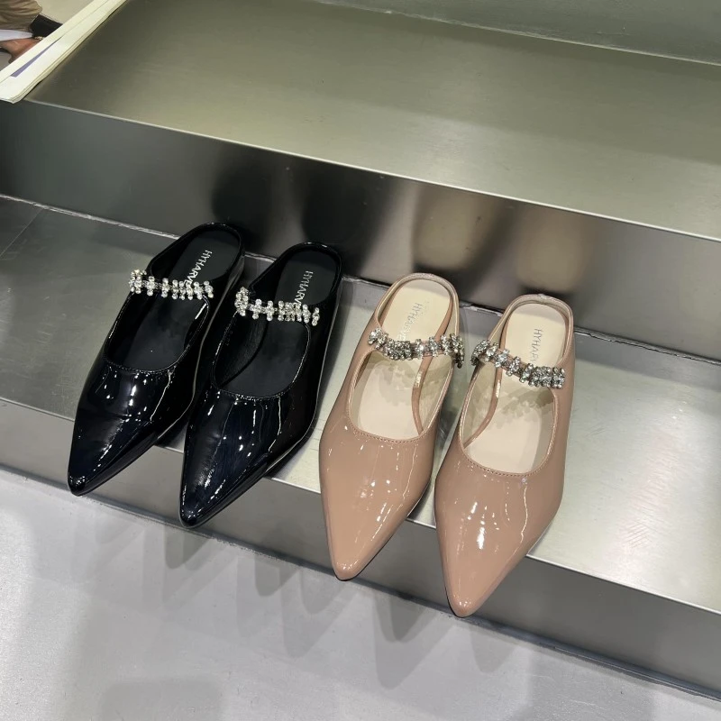 法式包头半拖鞋女夏外穿2025内增高水钻尖头平底单鞋懒人穆勒凉鞋