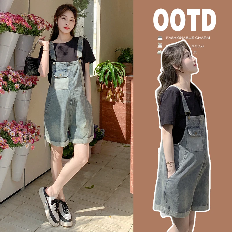 时髦气质孕妇牛仔背带裤2025夏季新宽松减龄设计感阔腿短裤套装