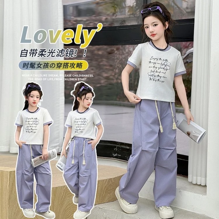CSC2104女童夏装工装裤套装2025新款短款t恤女孩夏季时髦两件套
