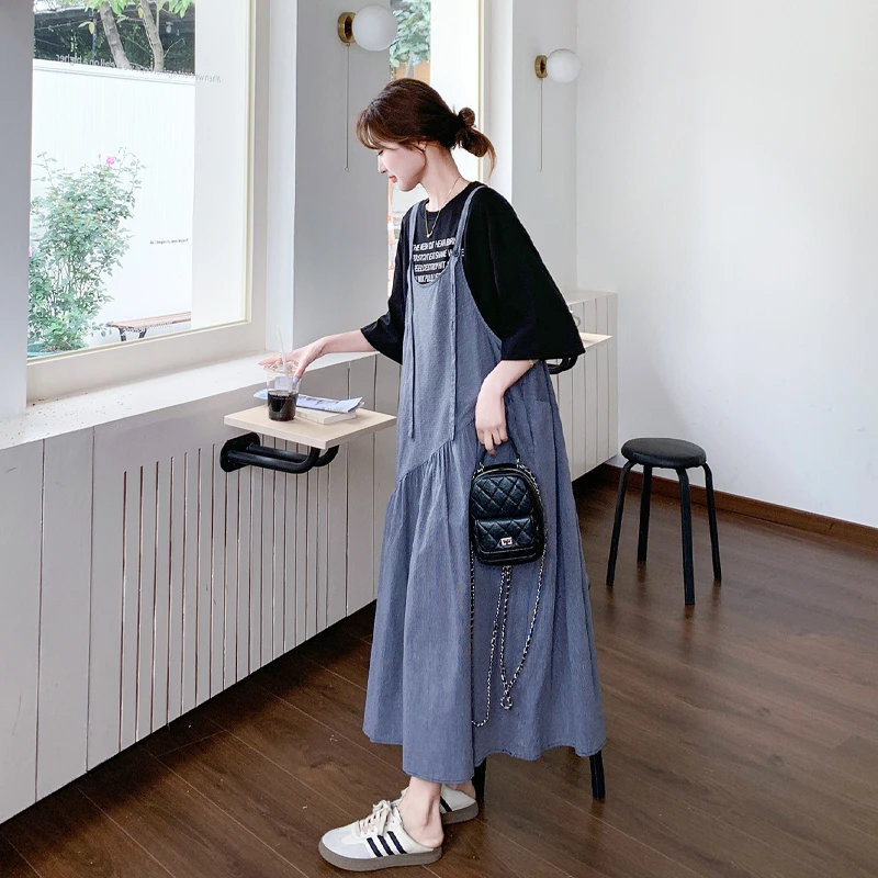 黑色字母印花T恤背带连衣裙套装女2025夏季慵懒风气质时尚两件套