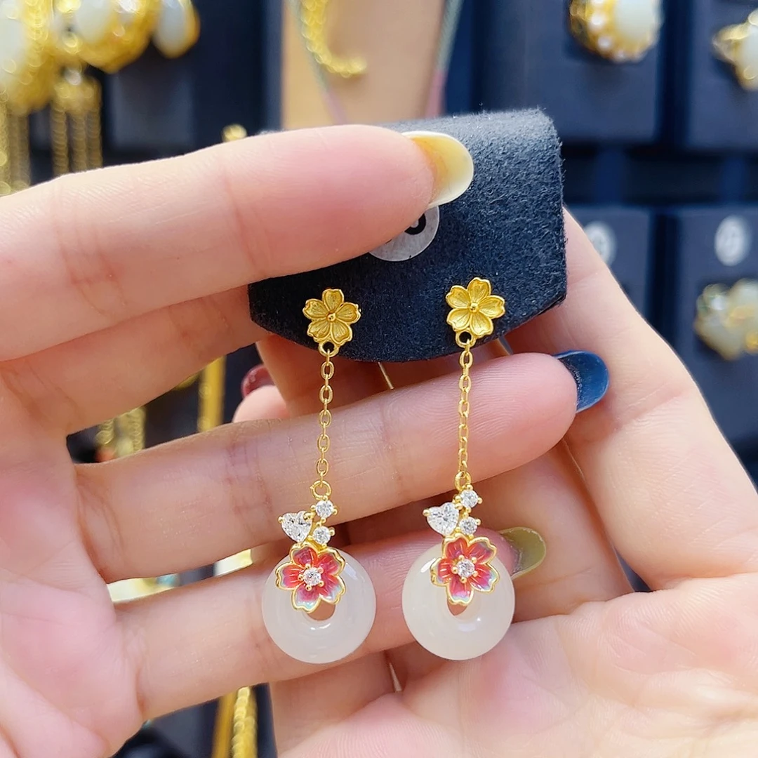 和田玉银S925镀金镶嵌耳饰