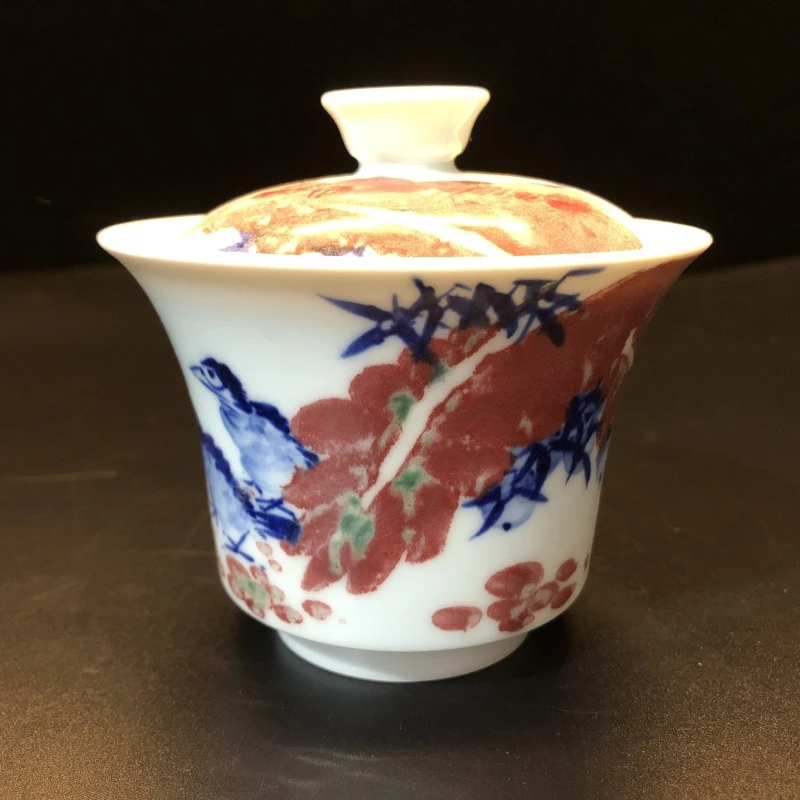 12.19/N200230/00667/东客/釉里红花鸟盖碗/直径9.6/高9.3/170cc