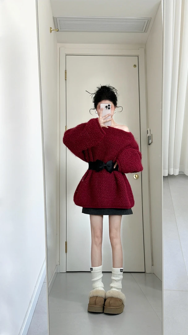 秋冬穿搭一整套韩系温柔慵懒风蝴蝶结红色针织毛衣搭配短裙两件套