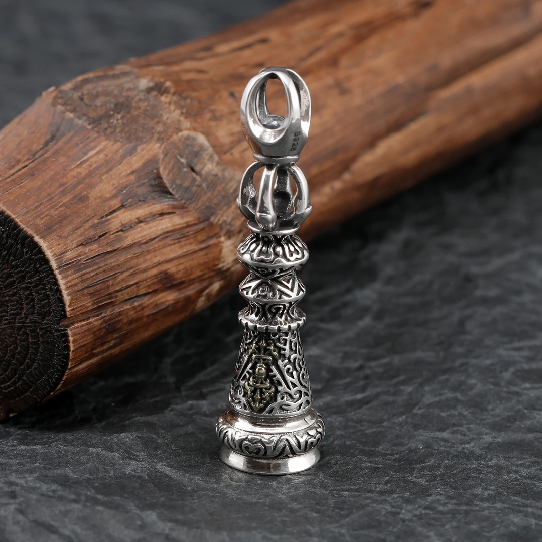 吊坠925银 民族风佛塔宝杵浮雕吊坠男女个性百搭复古做旧霸气挂坠
