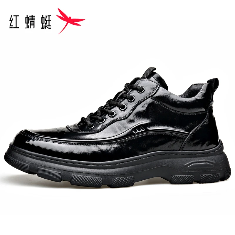 红蜻蜓男鞋秋冬款2025新款真皮休闲皮鞋男厚底加绒百搭潮流工装