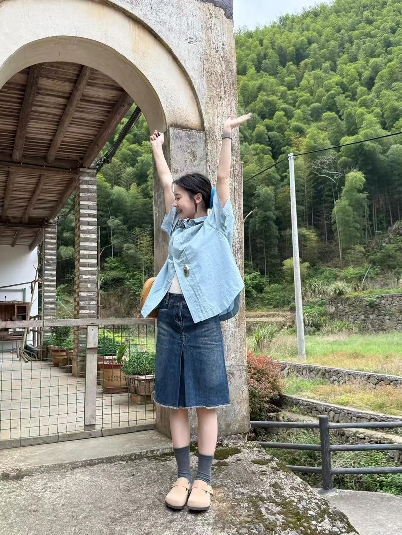 2025春夏新款韩系通勤复古日系风琴褶皱短袖衬衫复古牛仔半身裙