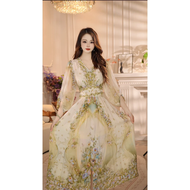 【只此青绿】25年浪漫定位花优雅气质收腰高端长裙连衣裙