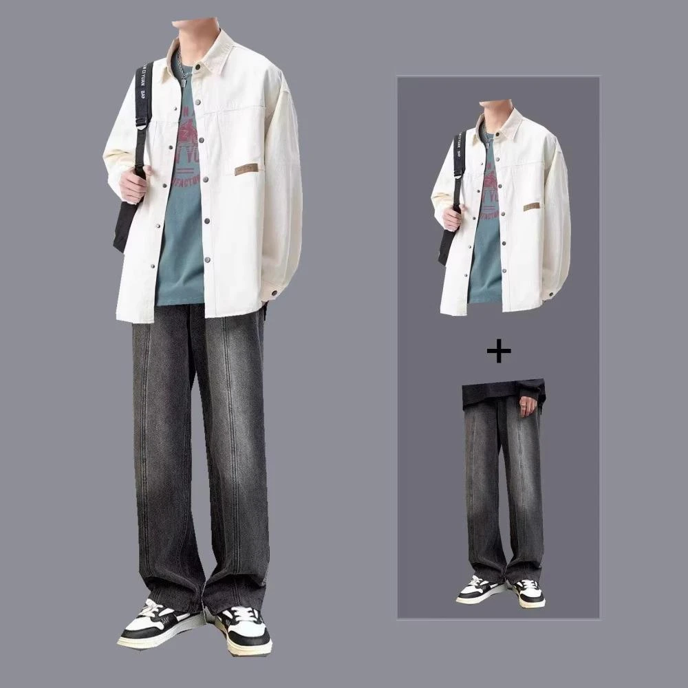 春秋长袖衬衫男生日系潮牌工装纯色外套运动牛仔裤帅气休闲一整套