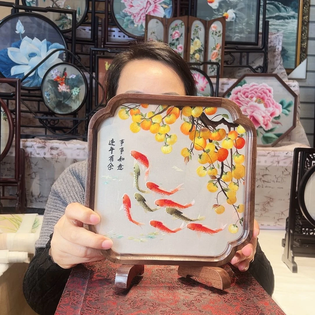 织绣苏绣摆台胡桃木手工双面