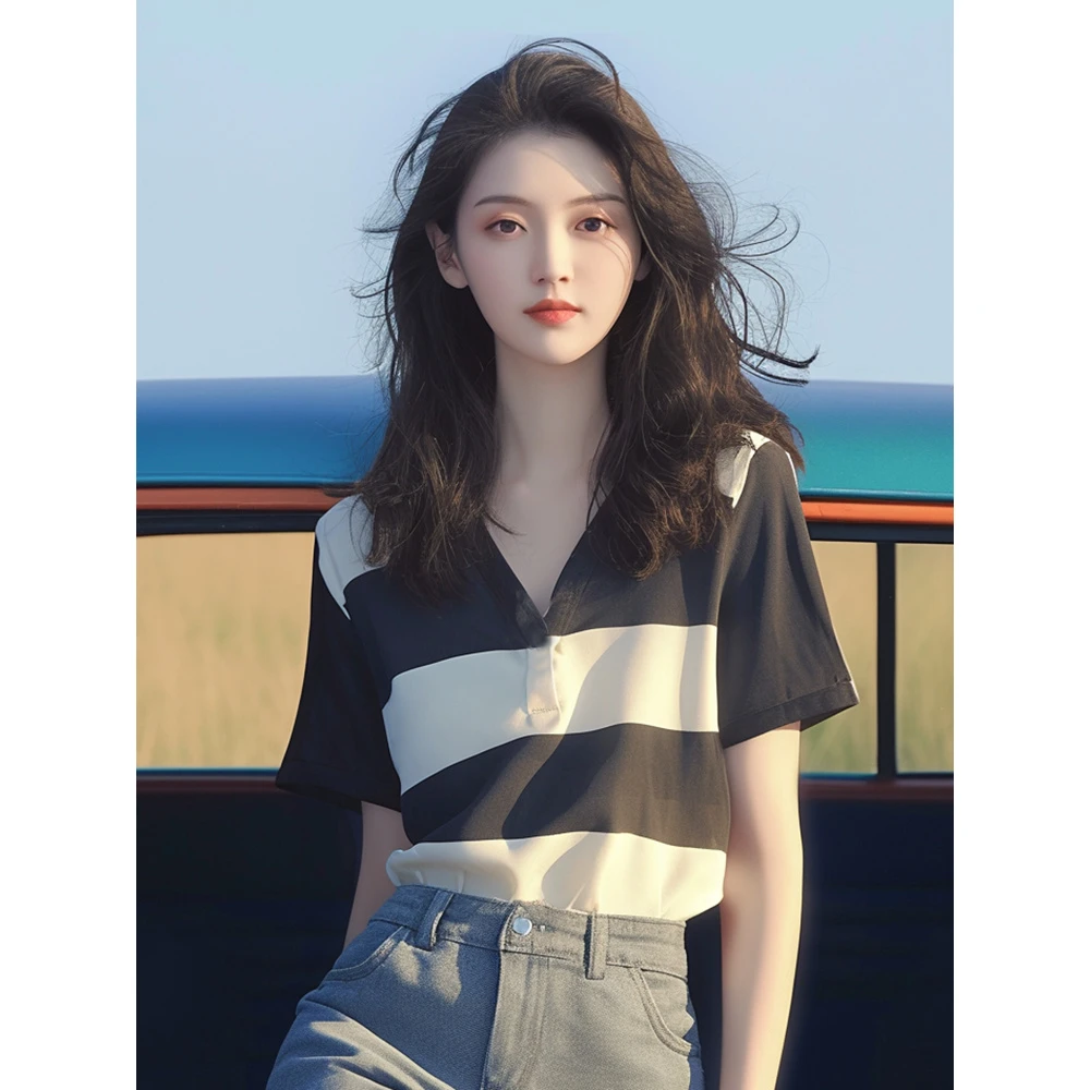 洋气减龄独特超好看小众设计感别致绝美上衣黑白撞色短袖T恤女夏
