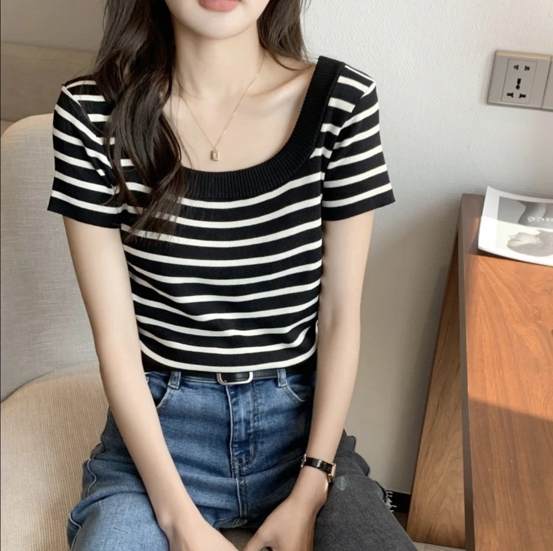 大码短款条纹上衣2024夏季新款女装韩版修身显瘦冰丝针织短袖T恤