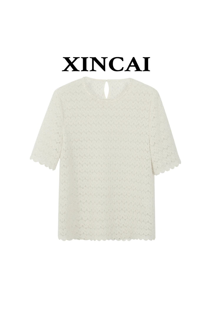 XINCAI冰丝麻花袖常规款短袖T恤短袖不规则设计感针织圆领百搭