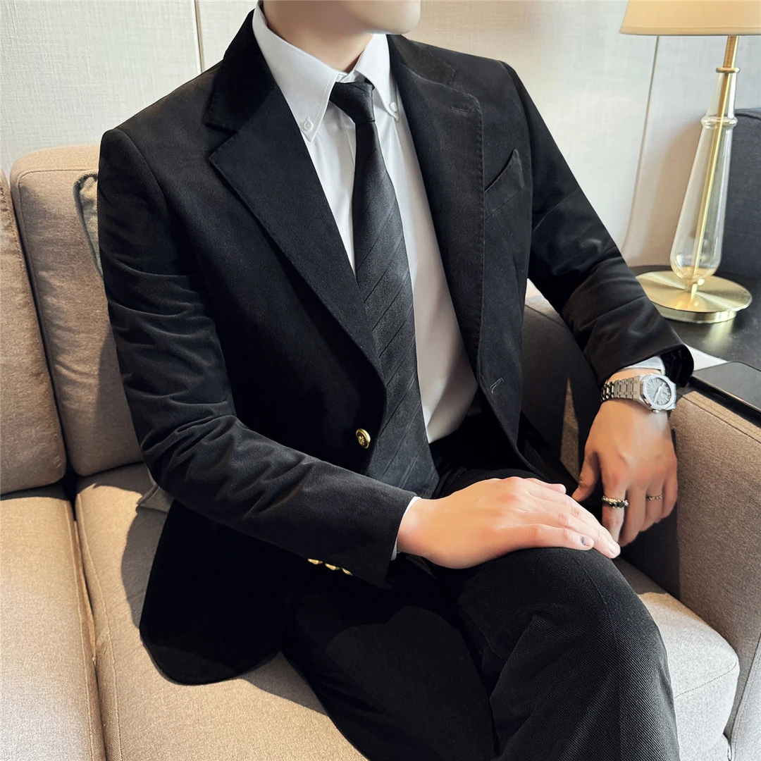 秋冬新款重磅加厚保暖绒面复古商务西装男士修身帅气休闲西服外套