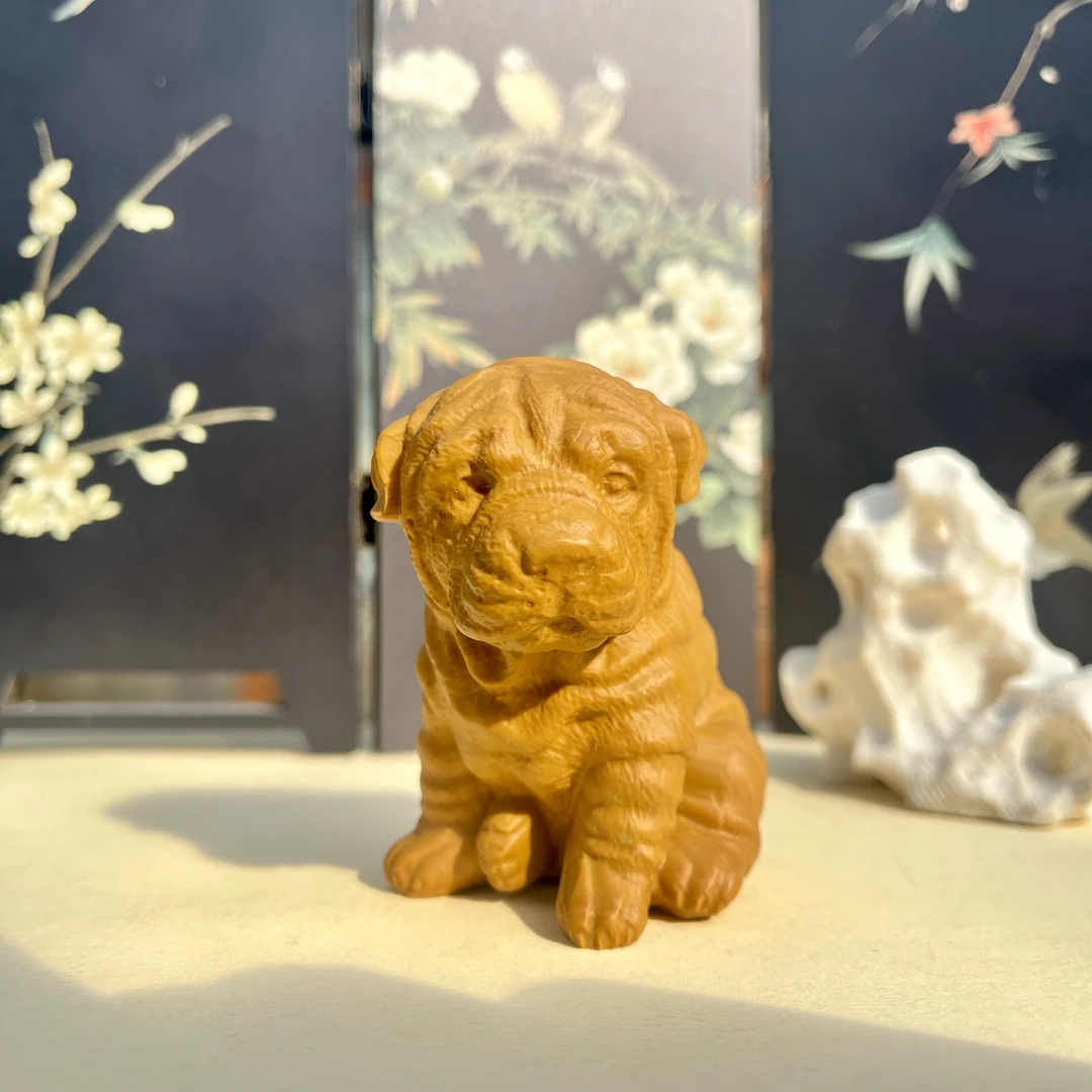松花石小狗摆件旺财旺旺摆件非遗品牌手工雕刻创意复古茶道优质品