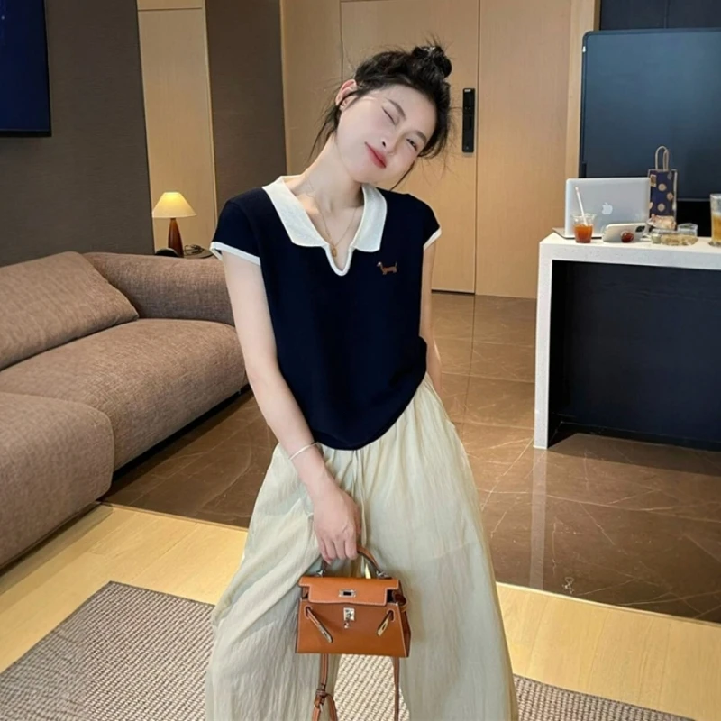 韩版洋气撞色刺绣Polo领正肩短袖上衣女装夏季时尚减龄针织衫T恤