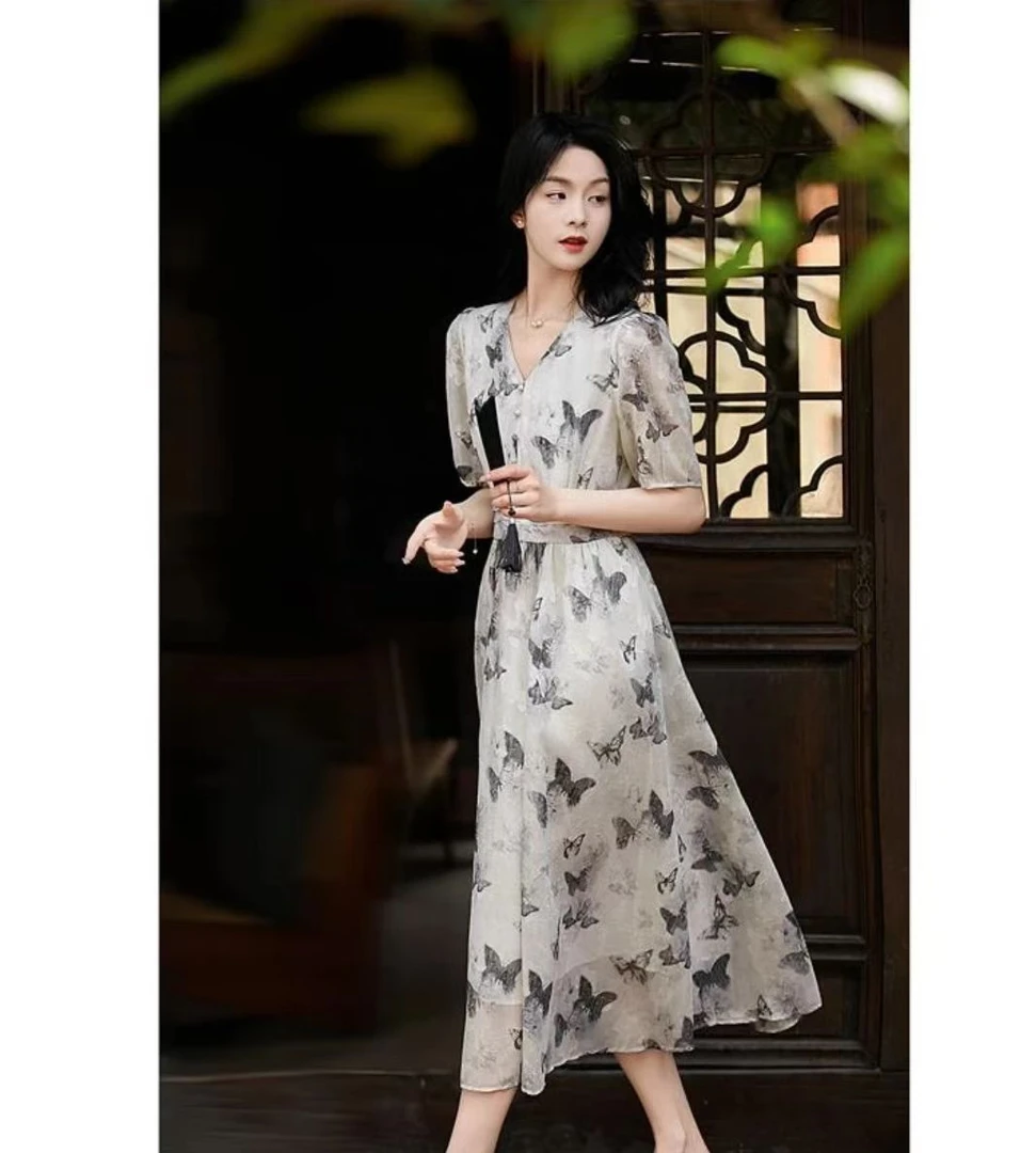 法式复古印花连衣裙收腰显瘦高级感气质裙子（B17-3)951