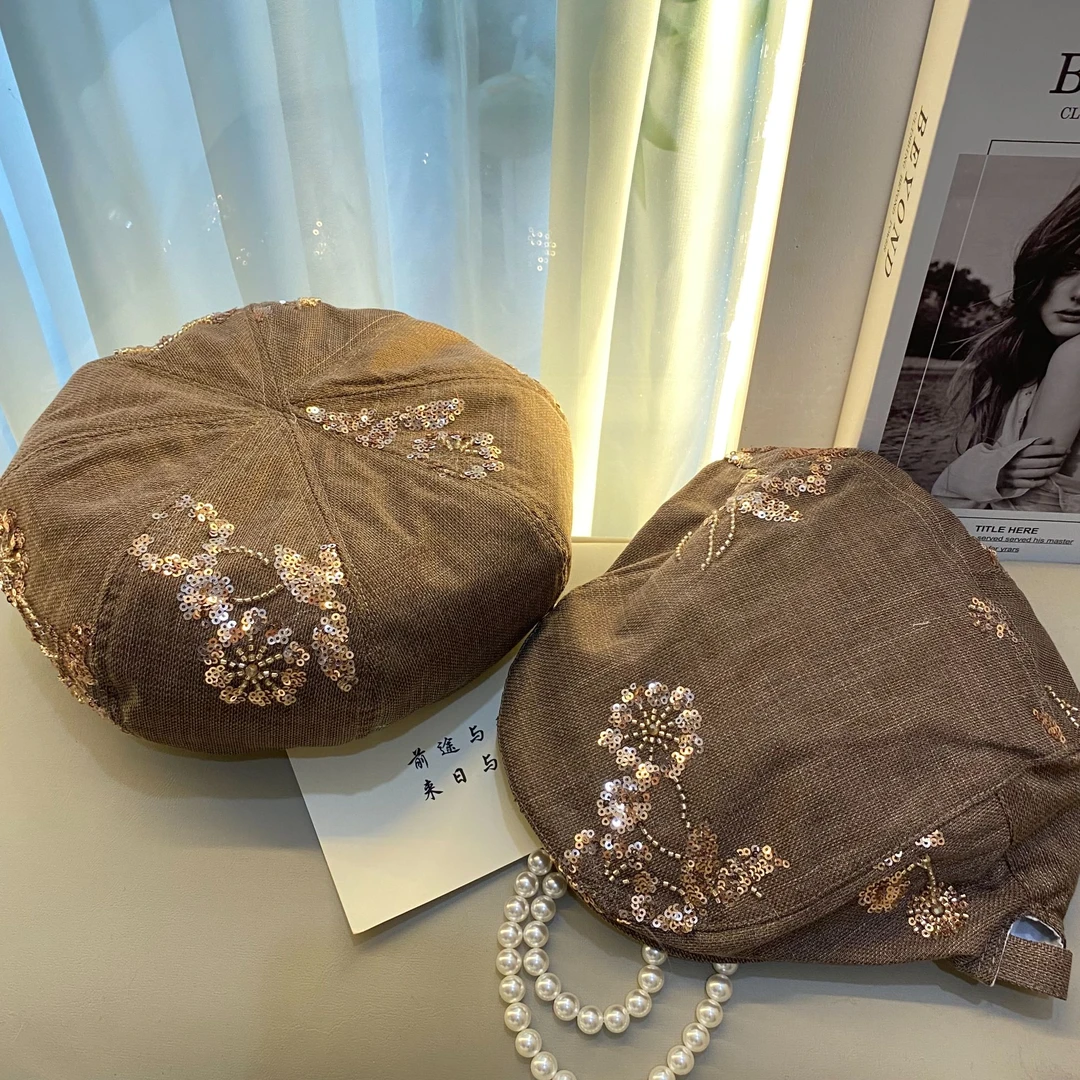 早秋新款天丝麻小众珠片贝雷帽中式国风气质百搭前进帽新年款