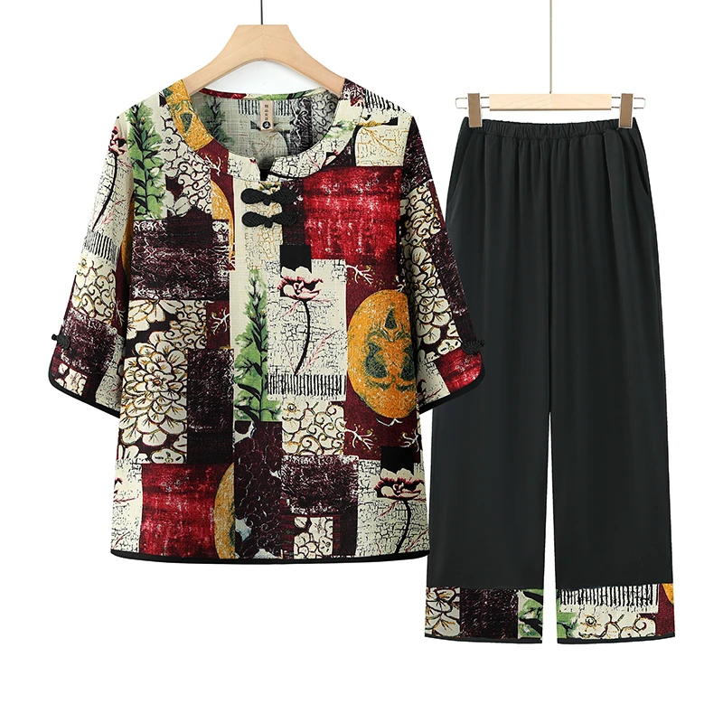 中老年人夏季女短袖套装老太太新款T恤奶奶装夏装洋气妈妈衣服薄