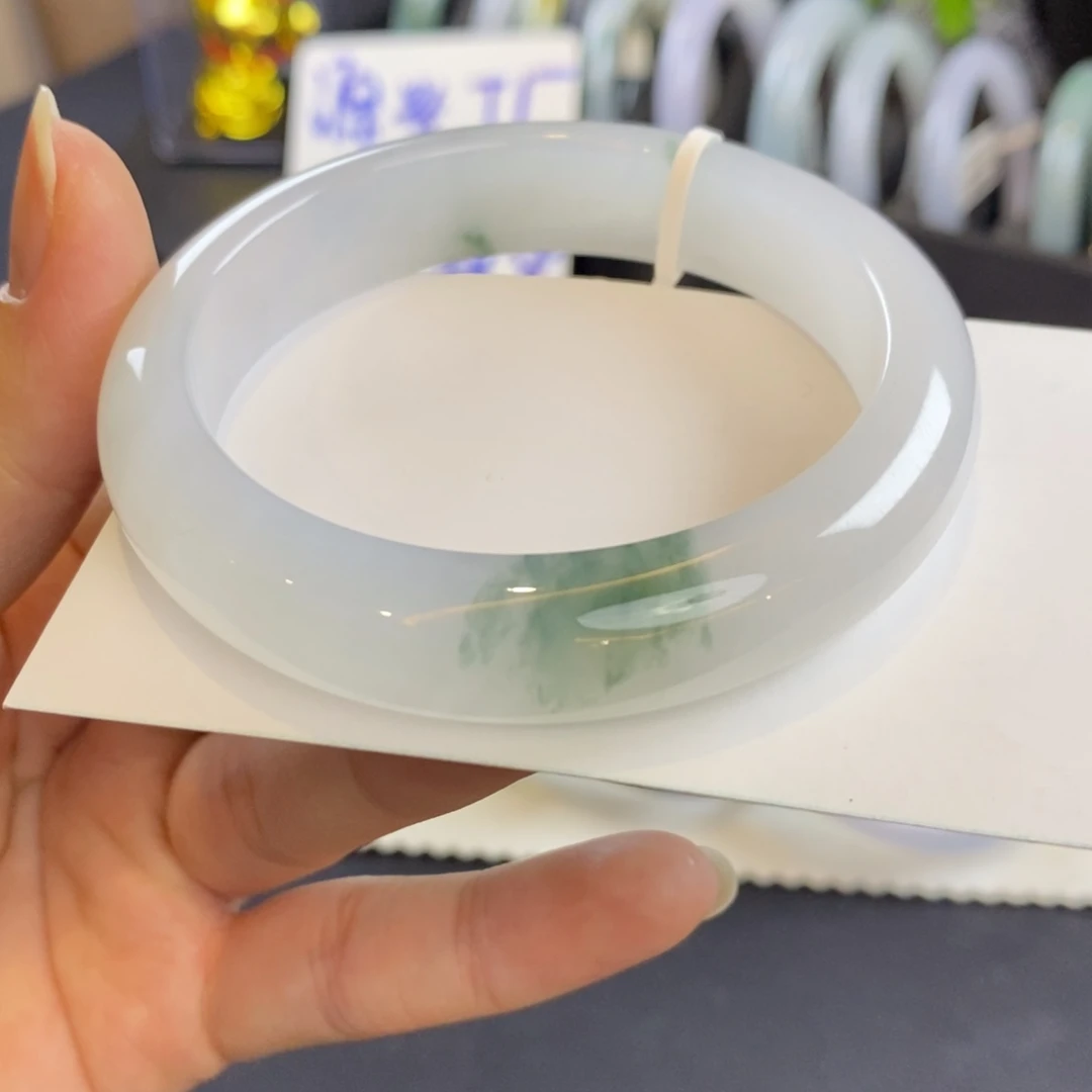 翡翠未镶嵌手镯白冰飘花55.5