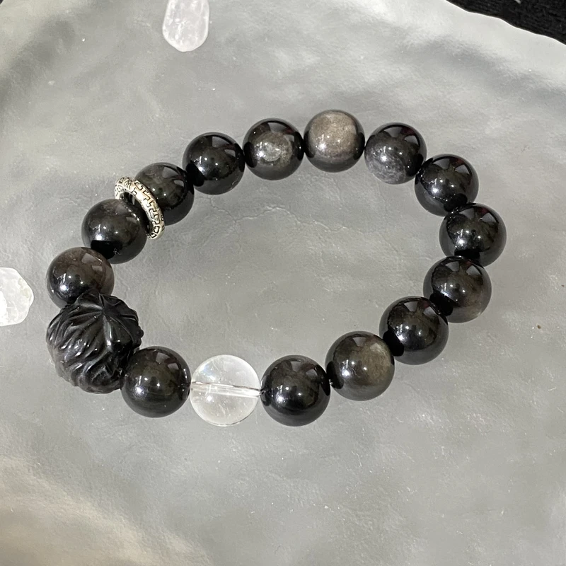银曜石圆珠约12mm+白水晶圆珠约12mm搭银曜石醒狮S925配件