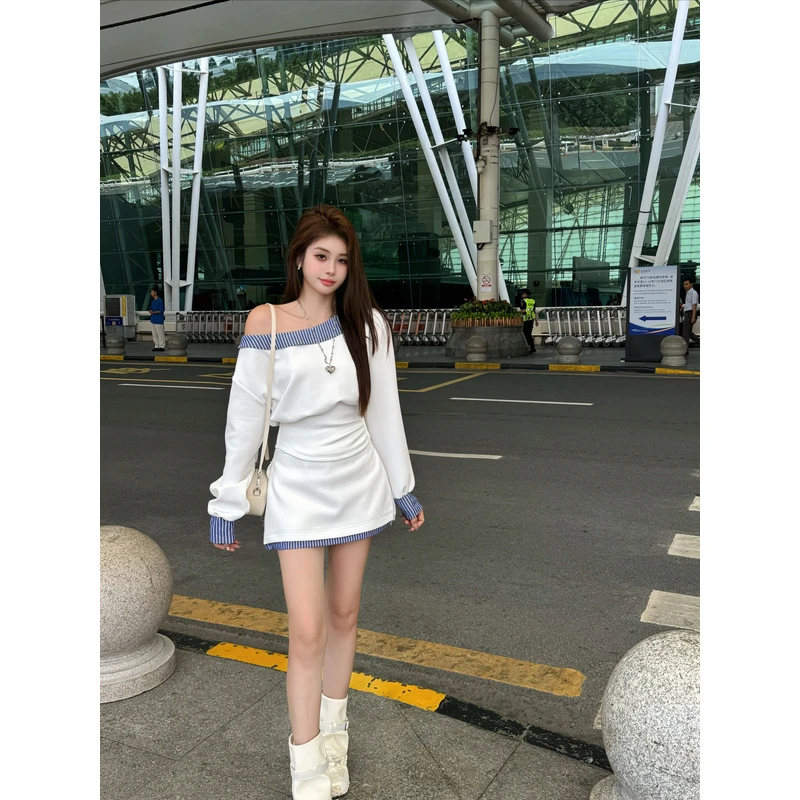 【十一家】原创【蓝韵拼纹】条纹拼接长袖上衣女+气质短裙套装M81201