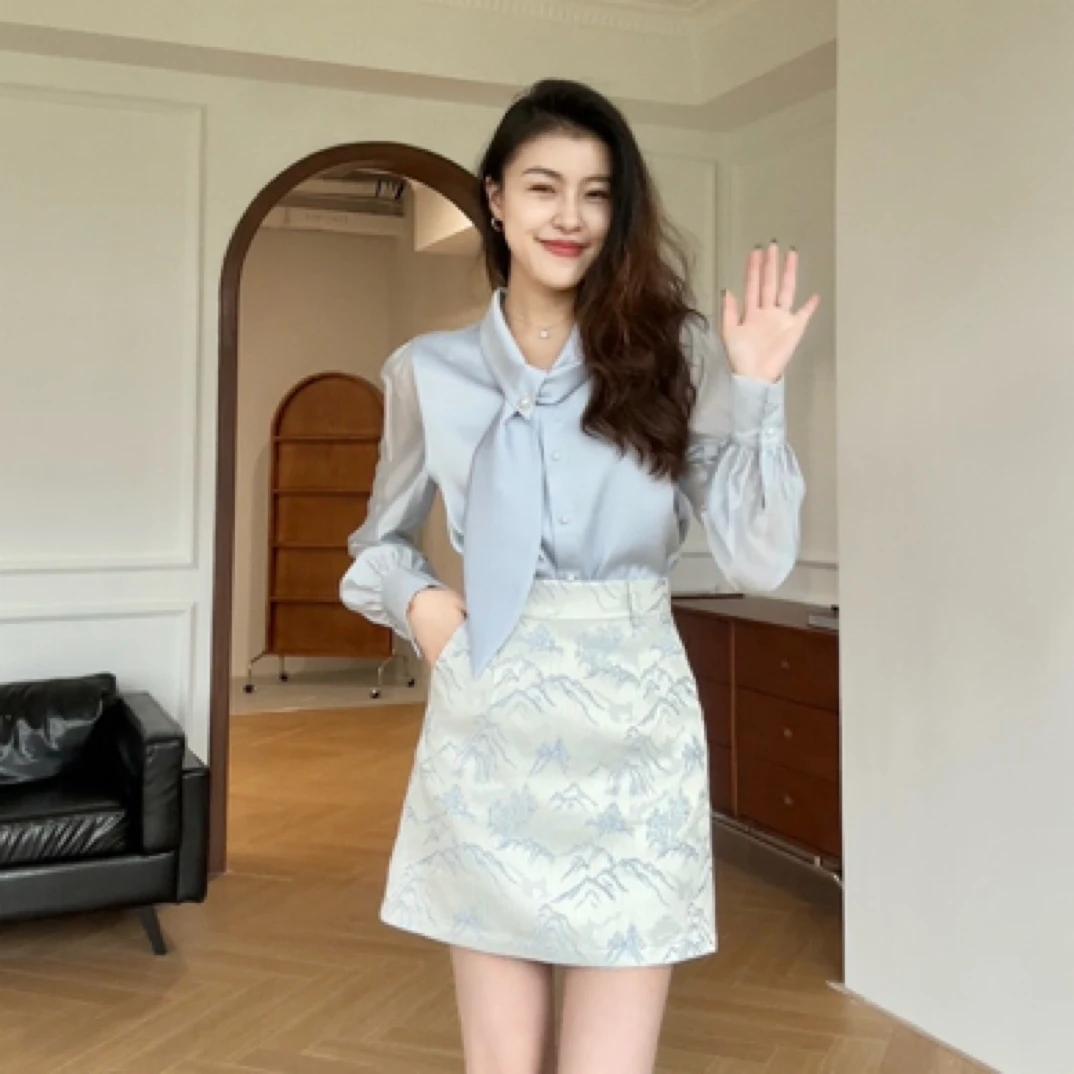 新中式气质套装蓝色飘带衬衫茶系半身裙2025新款两件套A字裙小众