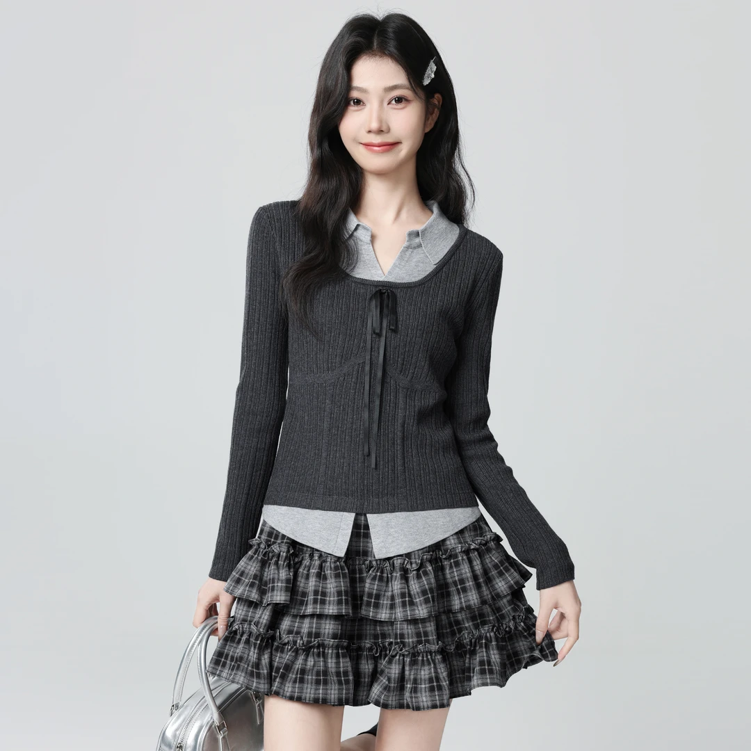 深灰色假两件长袖针织衫女春秋2025秋季新款设计感撞色拼接短上衣