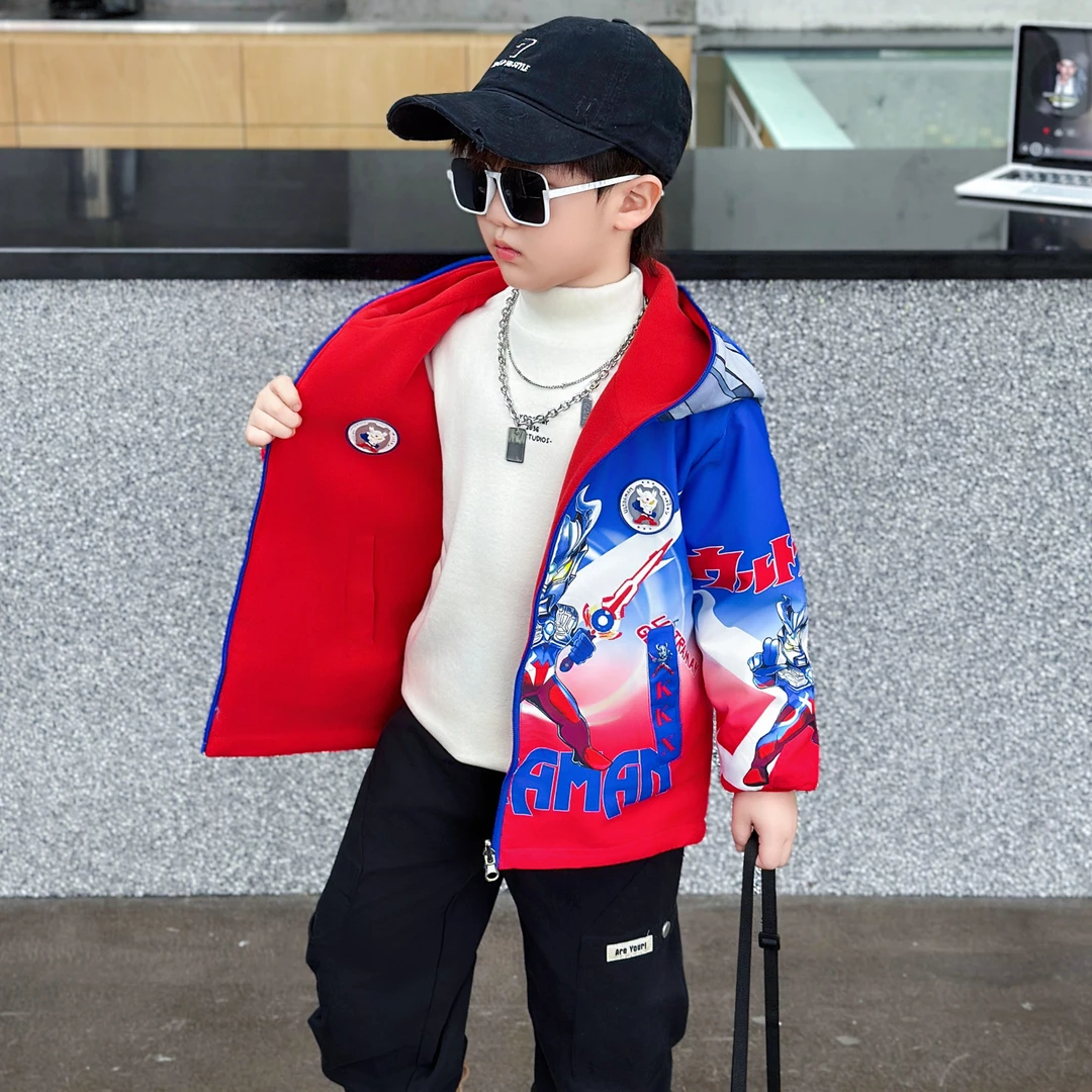 男童深秋加绒外套2025新款酷帅宝宝奥特曼衣服小男孩秋季连帽上衣