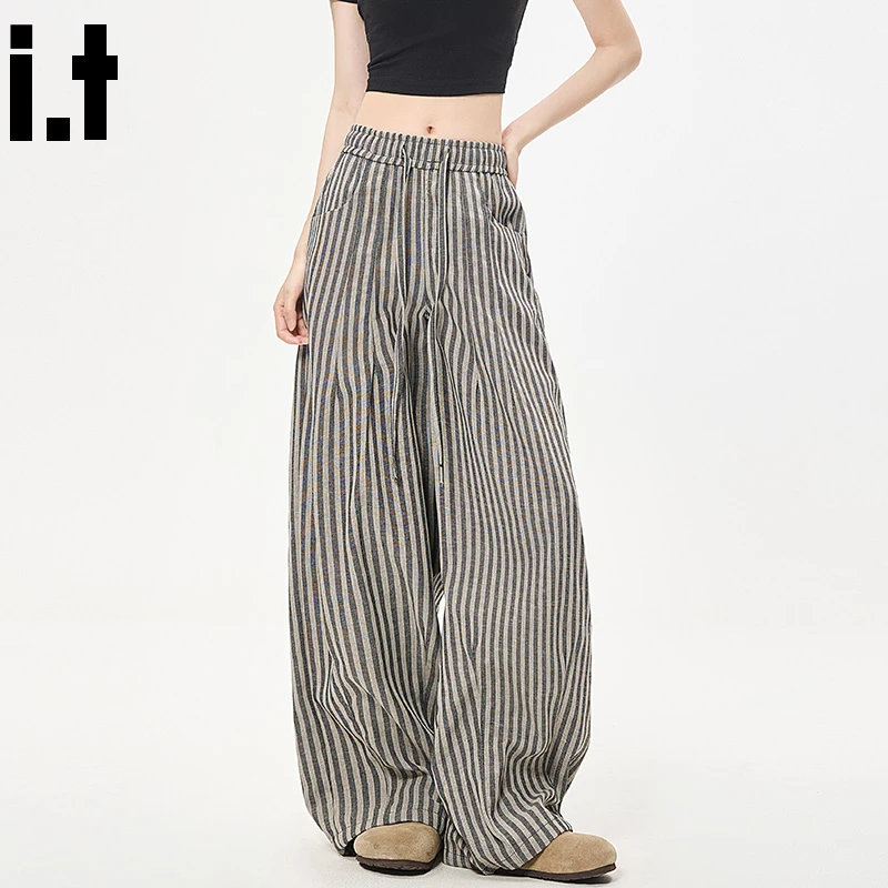 it:CHOCOOLATE复古条纹垂感亚麻裤女秋季流行宽松直筒拖地阔腿裤
