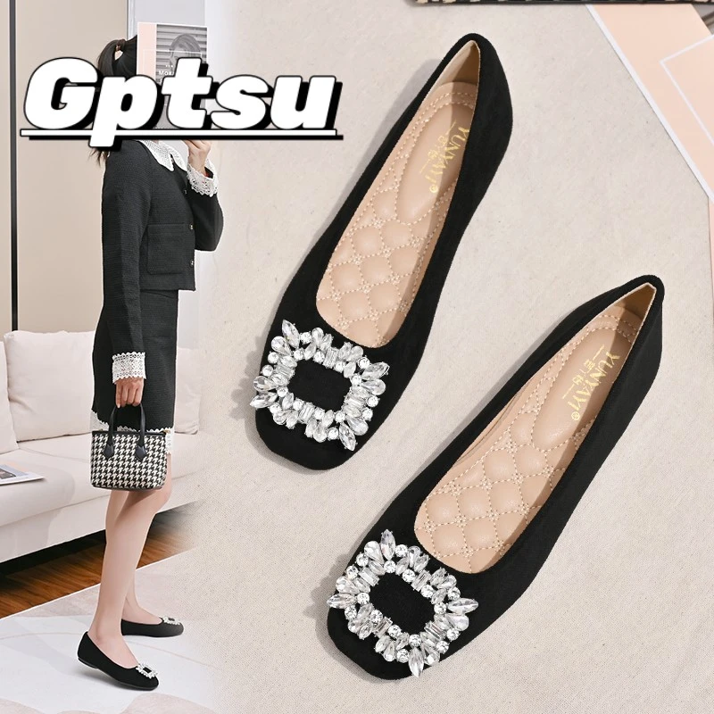 GPTSu浅口单鞋女士平底新款春秋法式气质豆豆鞋黑色方头软底瓢鞋
