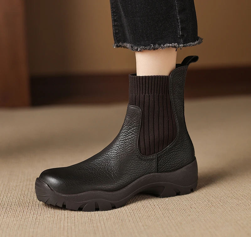 牛皮/跟高5cm/2025新款秋冬季真皮中跟短靴女单靴弹力瘦瘦靴踝靴