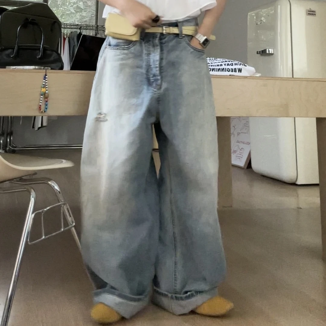 百搭破洞牛仔裤2025夏季新款薄款休闲直筒阔腿裤女设计感潮流个性