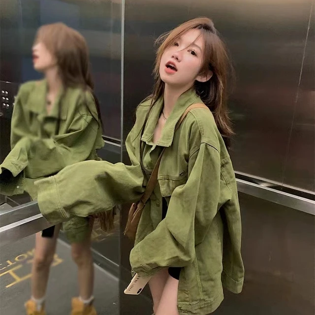 大码慵懒风绿色牛仔外套女春秋冬夹克复古宽松Polo领长袖开衫上衣