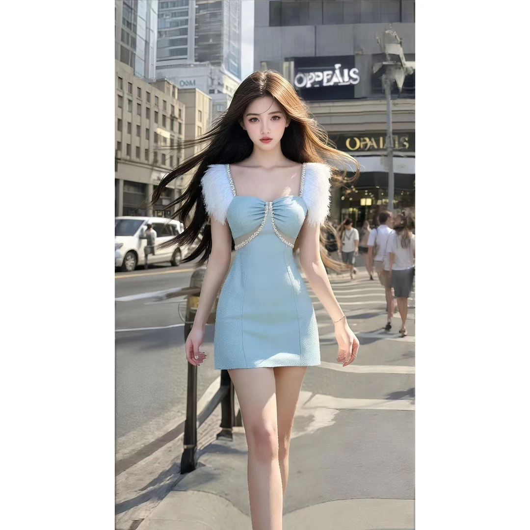 时尚高端大气蓝色方领收腰短袖连衣裙女小众设计显瘦高级感穿搭