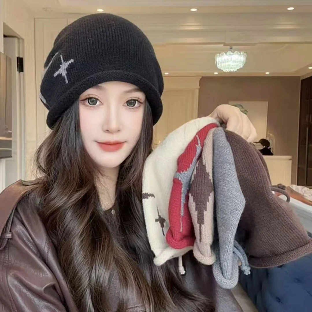 2025新款卷边抽绳堆堆帽显脸小针织秋冬帽子女2025新款爆款冷帽