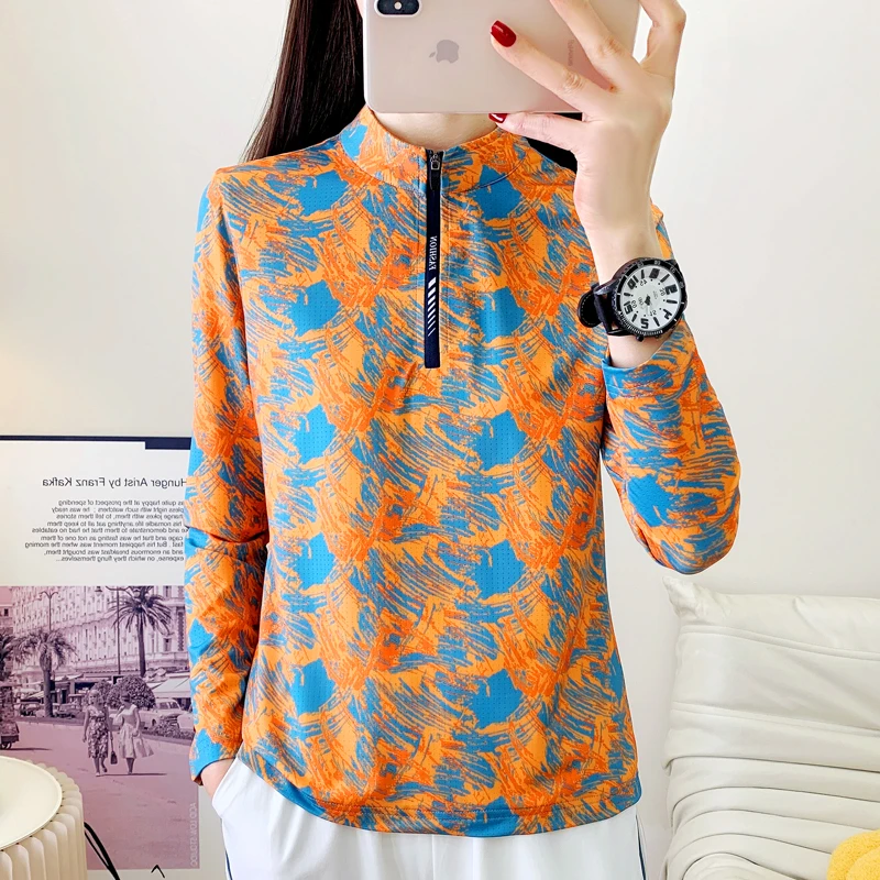 长袖户外速干衣女T恤跑步健身衣春季薄款冰丝透气运动立领快干衣