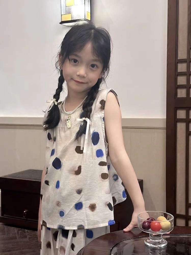 【夏日波点】新款套装夏季女童波点背心灯笼裤套装052m311