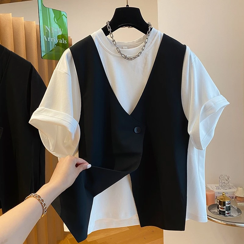 0297新款韩版宽松休闲设计感马甲拼接T恤女短袖欧货假两件上衣夏