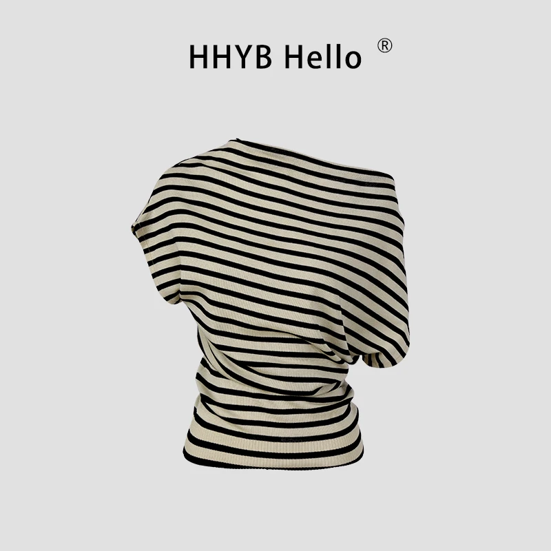 HHYB Hello2025夏季新款条纹露肩斜领短袖针织衫T恤宽松上衣M1151